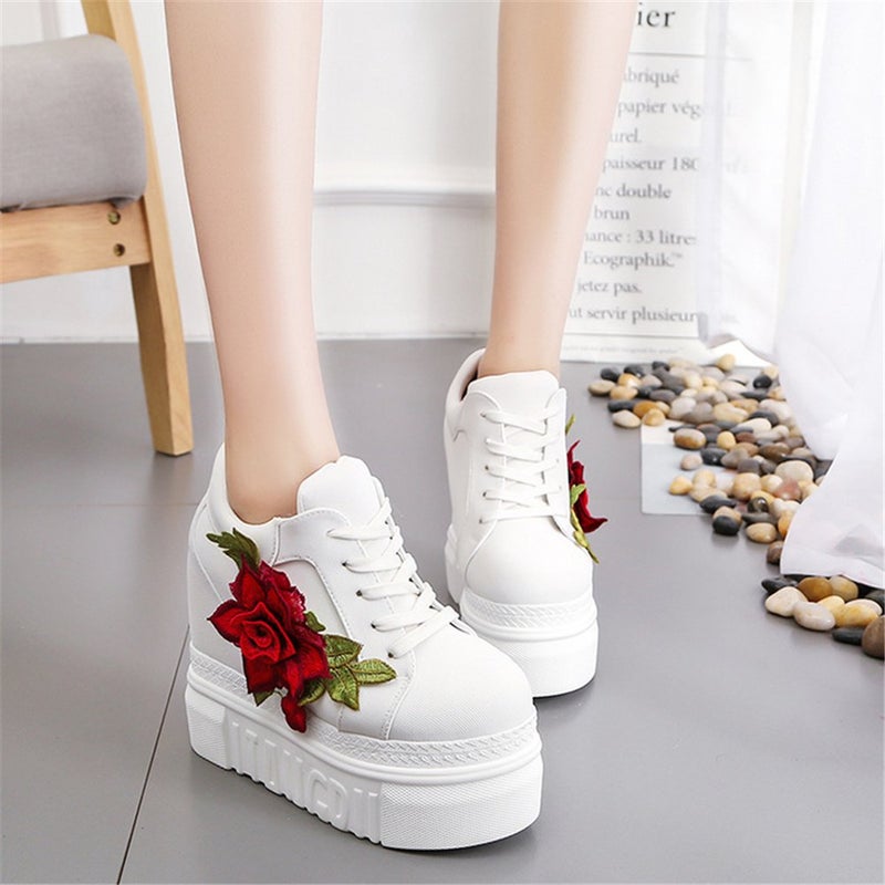ACE SHOCK Women Fashion Platform Sneakers Wide Width High Hidden Heel Wedge Walking Shoes Flower (6, White) - Image 2